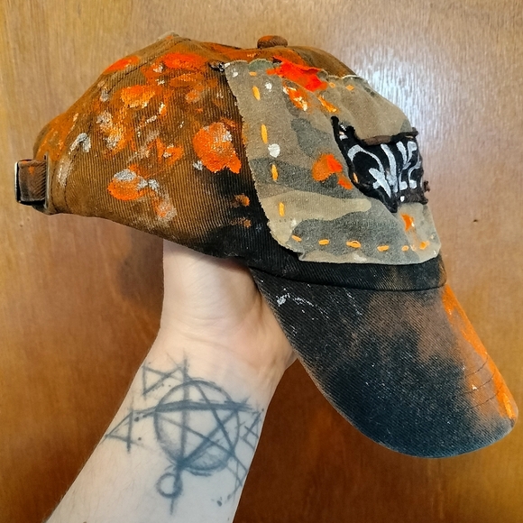 QUEER Camo Bleach Dyed Splatter Painted Hat (neon orange and camo) - Picture 5 of 8